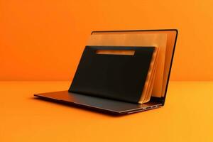 Laptop and folder on orange background. 3d rendering. Computer digital drawing. Ai Generated photo