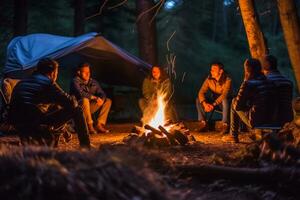 Group of young friends sitting by the campfire in the forest. Ai Generated photo