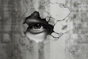 Eye looking through a hole in white paper. Conceptual image. Ai Generative photo