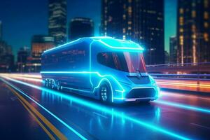 3d representación de un entrega camioneta con neón luces en el la carretera ai generativo foto