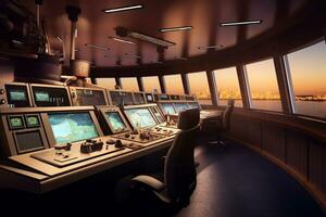 Futuristic Ship control room with computers and monitors, 3d rendering. Computer digital drawing. photo