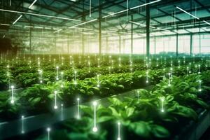 Green sprouts in a greenhouse with neon lights. 3d rendering Ai Generated photo