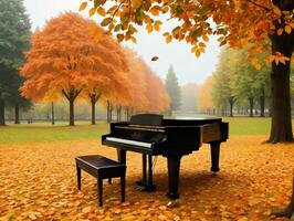 A Piano Sitting In The Middle Of A Leaf Covered Field. AI Generated photo