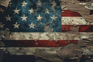 Grunge USA flag on old cracked wall. National vintage background Ai Generated photo