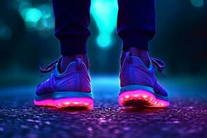 Close-up of a man's feet in sneakers and neon lights. photo