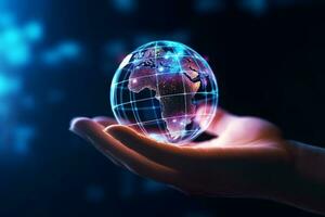 Hands holding a glowing globe on dark background. 3d rendering photo