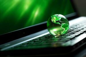 laptop with earth globe on wooden table and green bokeh background Ai Generative photo