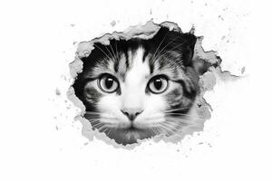 Black and white portrait of a cat looking through a hole in a wall Ai Generated photo