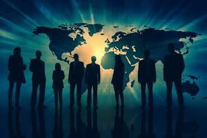 Silhouettes of business people standing in front of digital world map Ai Generative photo