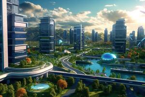 Smart city with solar panels and wind turbines at night. 3D rendering photo