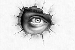 Eye looking through a hole in white paper. Conceptual image. Ai Generative photo