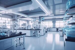 Science laboratory interior with equipment and science experiments. 3d rendering toned image photo
