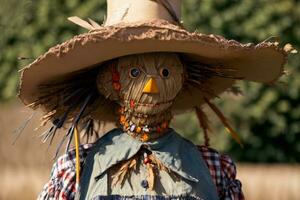 A Scarecrow Wearing A Straw Hat And A Scarecrow Costume. AI Generated photo