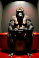 A Gorilla Sitting On Top Of A Red Chair. AI Generated photo