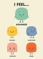 cute characters expressing different emotions of ashamed and text vector illustration