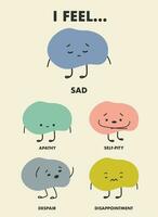 cute characters expressing different emotions of sad and text vector illustration