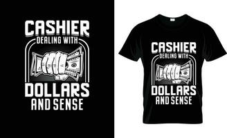 cajero relación comercial con dolares y sentido vistoso gráfico camiseta, camiseta impresión Bosquejo vector