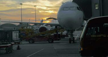 embarquement et chargement avion à le coucher du soleil video