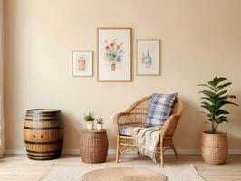 A Living Room With A Wicker Chair And Potted Plants. AI Generated photo