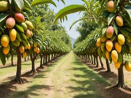 un árbol lleno con un montón de Fruta siguiente a un suciedad la carretera. ai generado foto