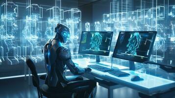 A Futuristic AI Robot Conducts Research in a High Tech Lab Surrounded by Holographic Displays photo