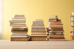 Stack of books on wooden table against color background. Back to school Ai Generated photo