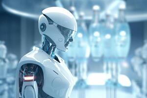 3d rendering humanoid robot with blank space on the left for text photo