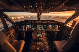 cabina de un avión con un ver de el la carretera y el ciudad ai generado foto