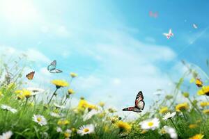 Summer meadow with flowers and butterfly. Nature background. 3d render Ai Generative photo