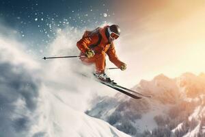 volador esquiador en montañas. extremo invierno deporte. 3d representación ai generado foto