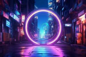 Neon tunnel in the city at night. 3d rendering. Ai generated photo