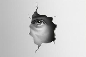 Eye looking through a hole in white paper. Conceptual image. Ai Generative photo