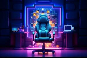 futurista juego de azar habitación interior con sillón, computadora, gamepad y neón luces. ilustración ai generado foto