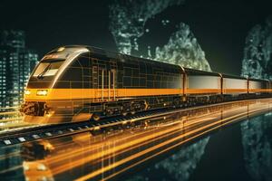 alto velocidad tren en el antecedentes de el noche ciudad. 3d representación foto