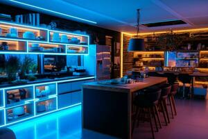 Interior of a modern kitchen with blue and purple neon lighting. 3d rendering photo