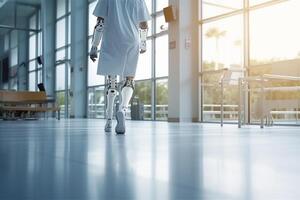 Robot walking on crutches in the hospital, closeup photo