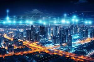 Modern city at night with connection lines on the background. photo