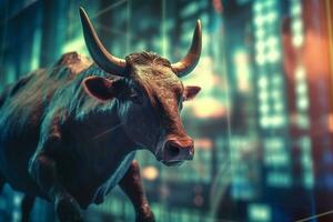 Stock market chart and bull. 3d rendering toned image double exposure Ai Generative photo