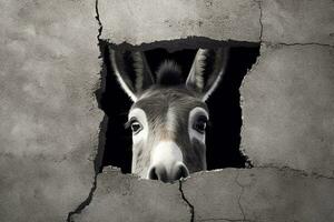 White donkey peeking out of a hole in a gray wall. Ai Generative photo