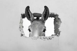 White donkey peeking out of a hole in a gray wall. Ai Generative photo