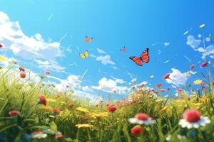 Summer meadow with flowers and butterfly. Nature background. 3d render Ai Generative photo