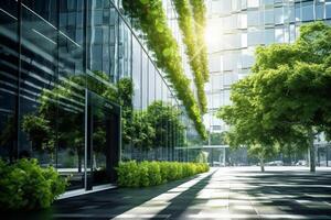 moderno oficina edificio con vaso pared y verde arboles ciudad paisaje. ai generado foto