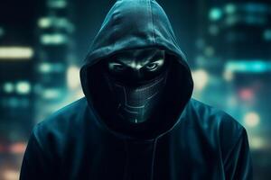 Portrait of a hacker in a black hoodie on a dark background photo