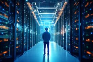 Back view of young man in datacenter server room. Data center concept. photo