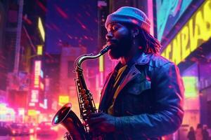 joven africano americano hombre jugando saxofón en noche club. foto