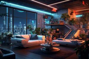 Interior of modern living room with night city view 3D rendering Ai Generated photo