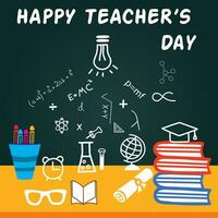 Happy teacher's day greeting card. Celebrating Teacher's Day with icon set. Happy Teachers Day vector illustration with school equipment. Happy teacher's day background design. Best teacher ever.