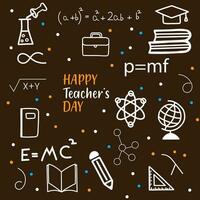 Happy teacher's day greeting card. Celebrating Teacher's Day with icon set. Happy Teachers Day vector illustration with school equipment. Happy teacher's day background design. Best teacher ever.