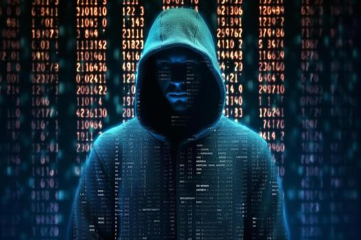 encapuchado hacker en frente de binario código antecedentes. hackear concepto ai generativo foto