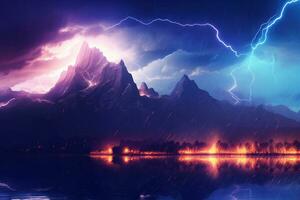 Lightning in the night sky over the river. 3d rendering photo